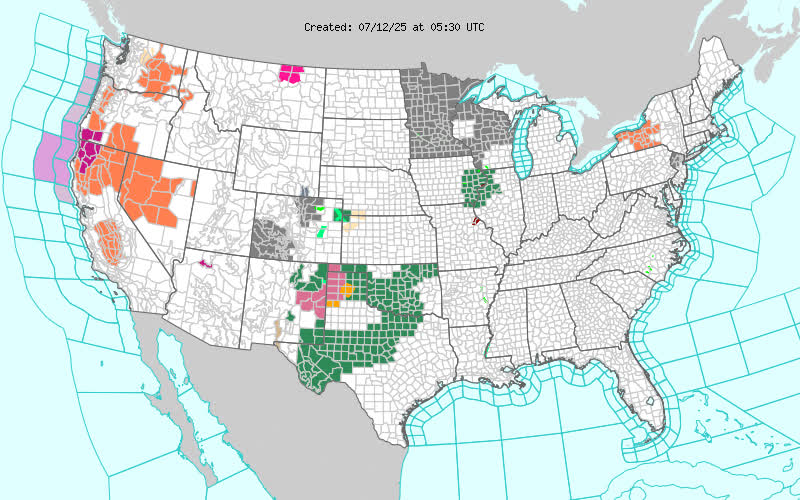 U.S. Weather Hazards Map (NWS WWA)